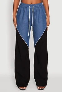Womens Denim Color Block Drawstring Waist Wide Leg Pants, Multi,