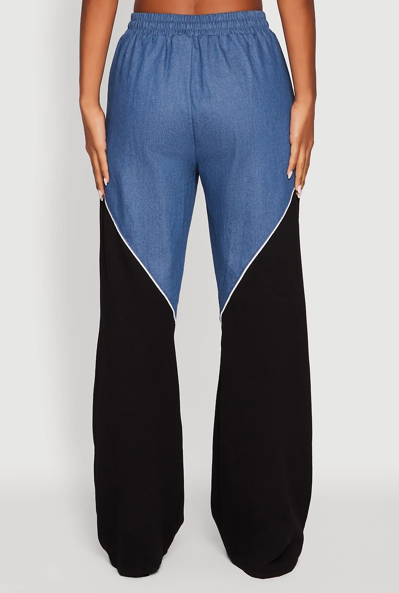 Womens Denim Color Block Drawstring Waist Wide Leg Pants, Multi,
