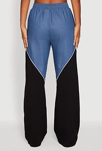 Womens Denim Color Block Drawstring Waist Wide Leg Pants, Multi,