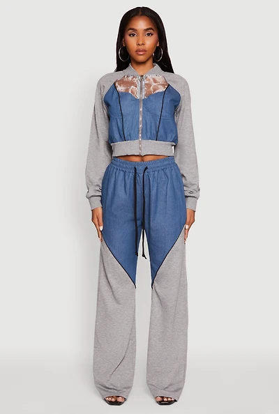 Womens Denim Color Block Drawstring Waist Wide Leg Pants, Multi, Size S
