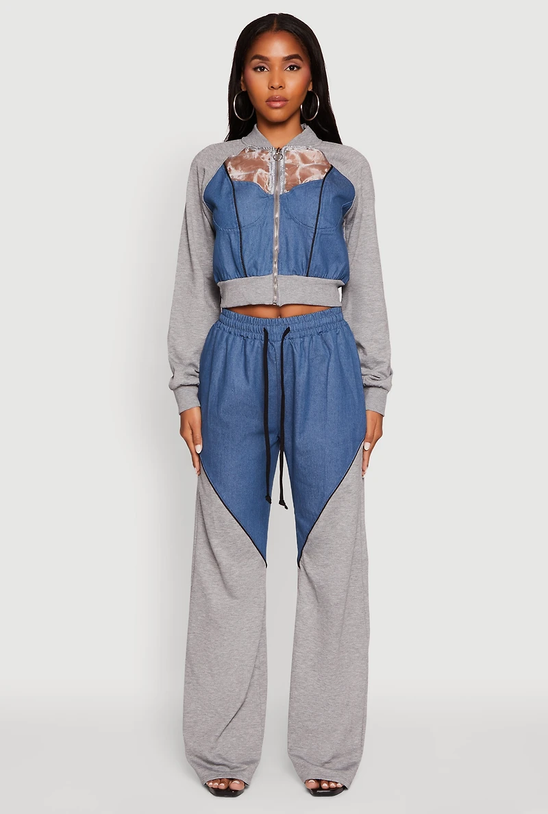 Womens Denim Color Block Drawstring Waist Wide Leg Pants, Multi,