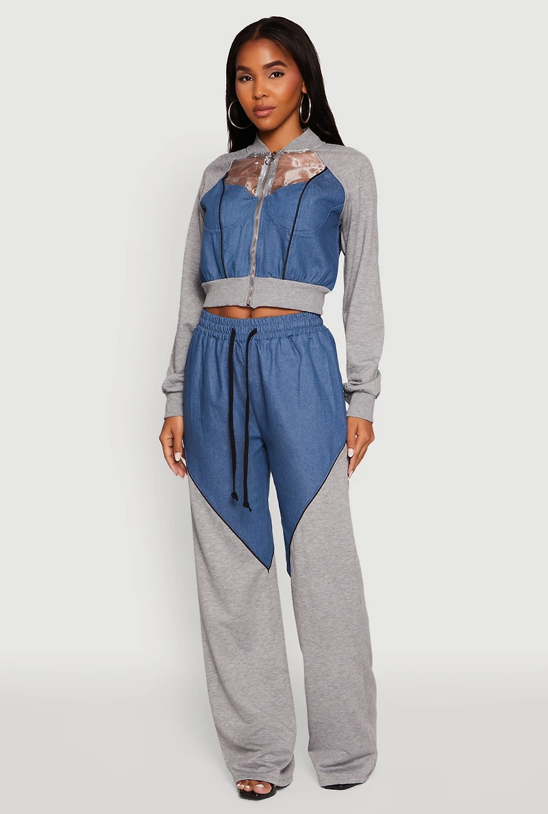 Womens Denim Color Block Drawstring Waist Wide Leg Pants, Multi,