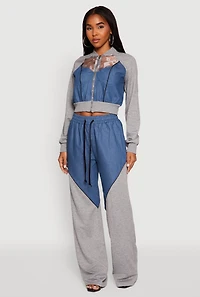 Womens Denim Color Block Drawstring Waist Wide Leg Pants, Multi,