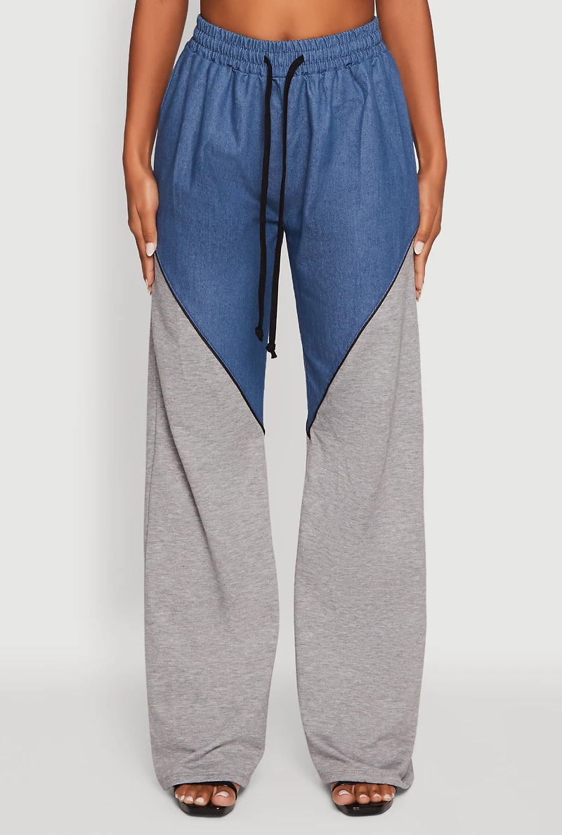 Womens Denim Color Block Drawstring Waist Wide Leg Pants, Multi,