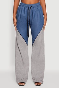 Womens Denim Color Block Drawstring Waist Wide Leg Pants, Multi,