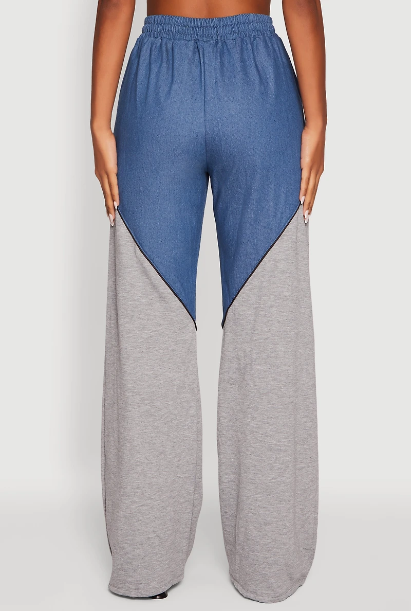 Womens Denim Color Block Drawstring Waist Wide Leg Pants, Multi,