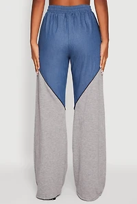 Womens Denim Color Block Drawstring Waist Wide Leg Pants, Multi,