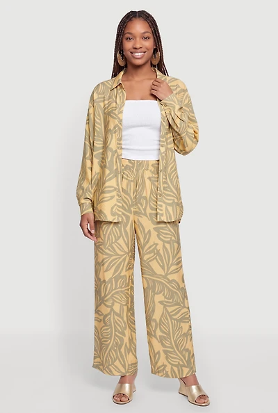 Leaf Print Crepe Knit Pull On Pants