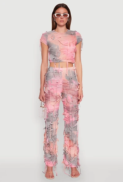 Womens Tie Dye Distressed Pants, Pink, Size L