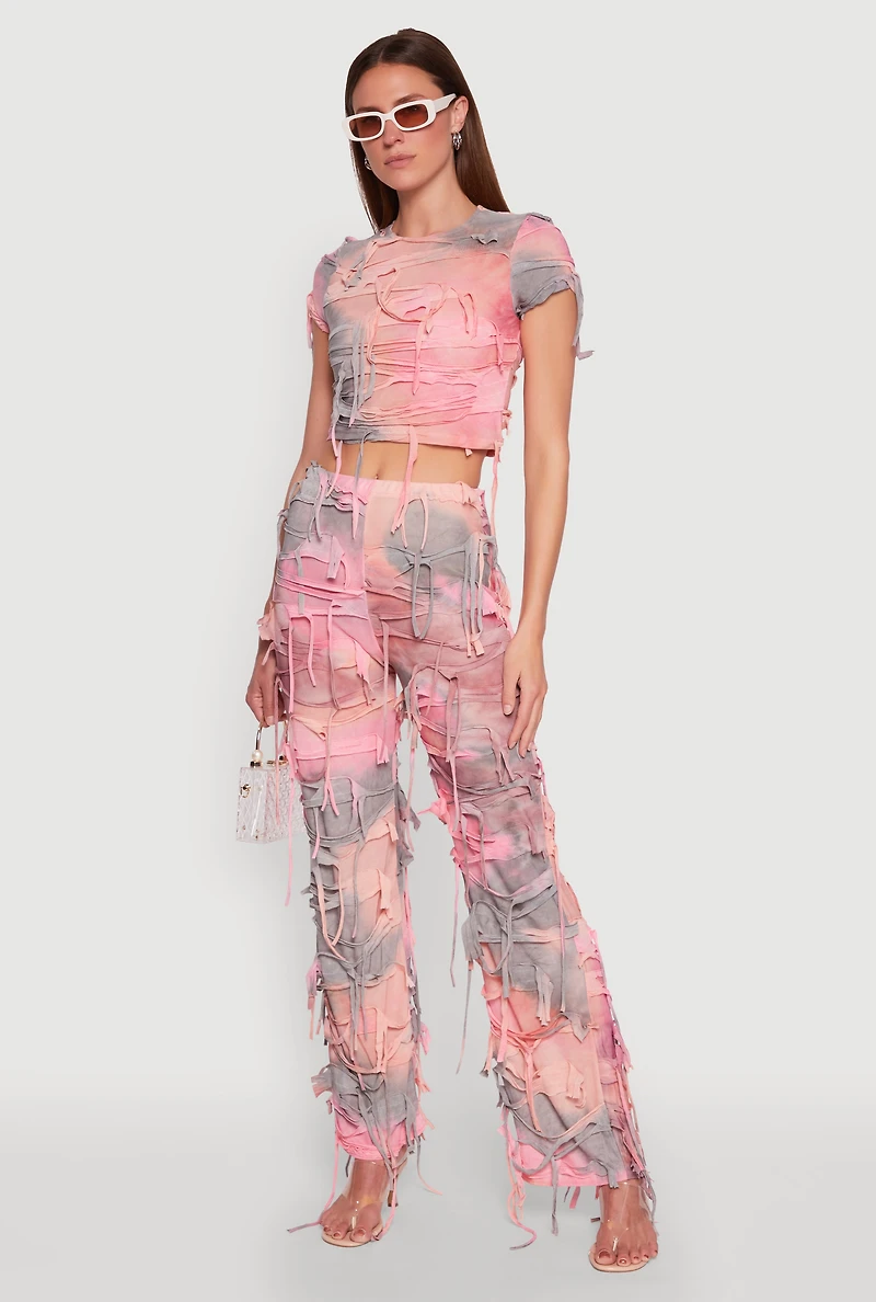 Womens Tie Dye Distressed Pants, Pink, Size L