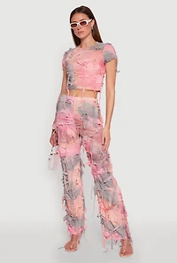 Womens Tie Dye Distressed Pants, Pink, Size L