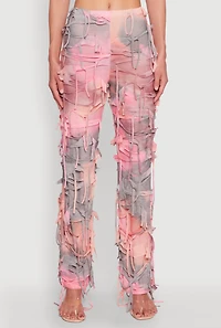 Womens Tie Dye Distressed Pants, Pink, Size L