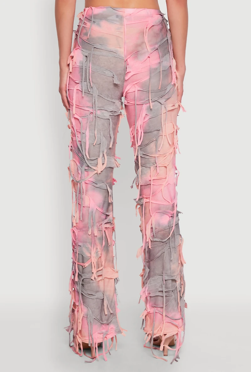 Womens Tie Dye Distressed Pants, Pink, Size L