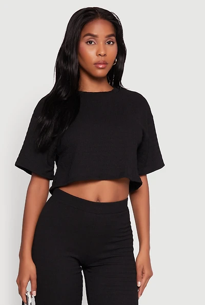 Womens Textured Knit Boxy Crop Top, Black, Size M
