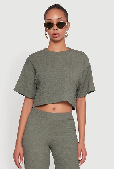 Womens Textured Knit Boxy Crop Top, Green,