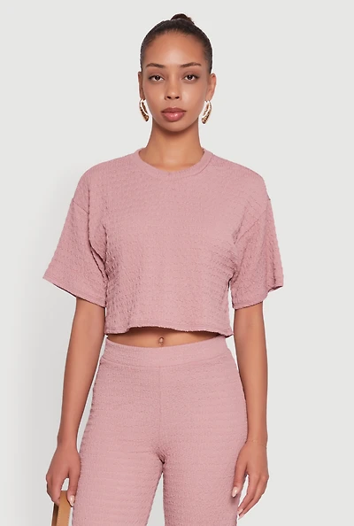 Womens Textured Knit Boxy Crop Top, Pink, Size XL