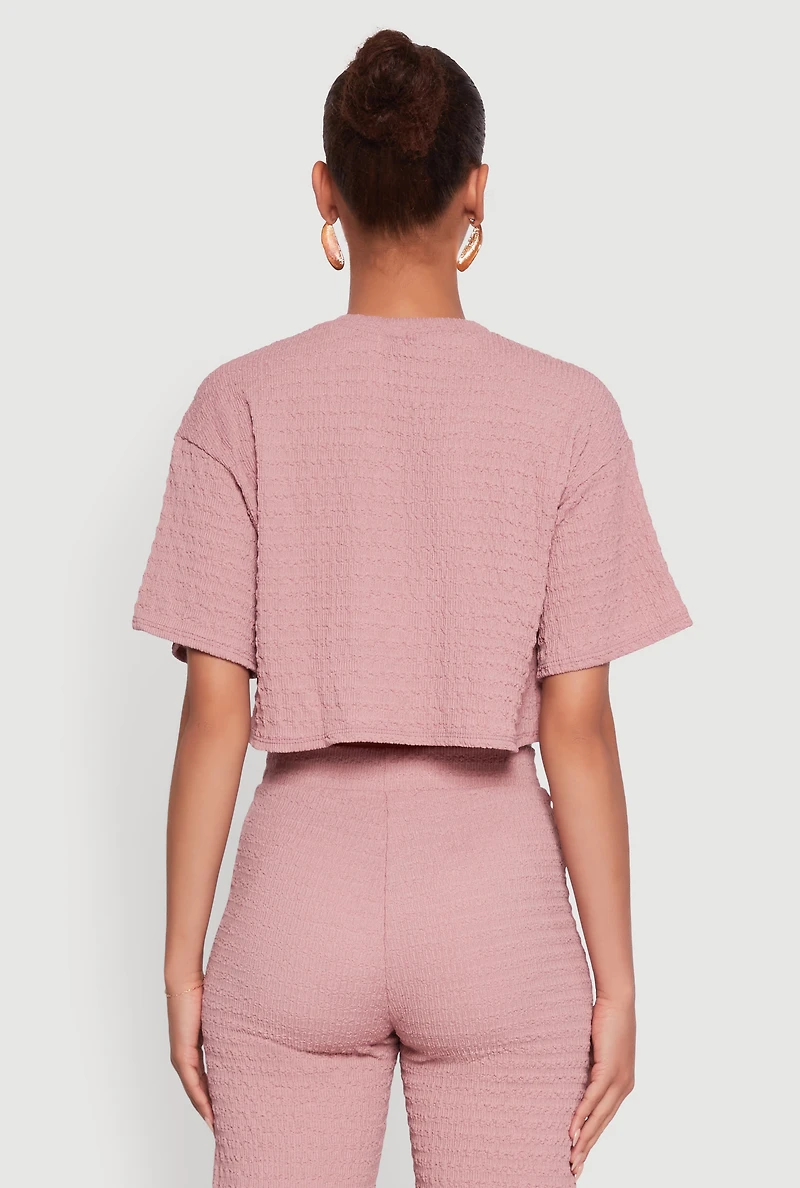 Womens Textured Knit Boxy Crop Top, Pink, Size L