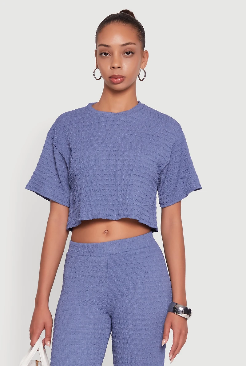 Womens Textured Knit Boxy Crop Top, Blue, Size M