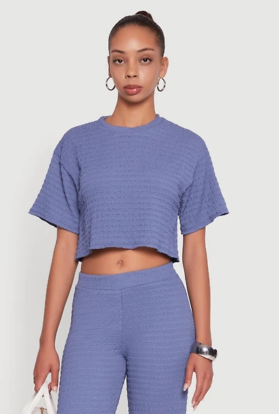 Womens Textured Knit Boxy Crop Top, Blue, Size M