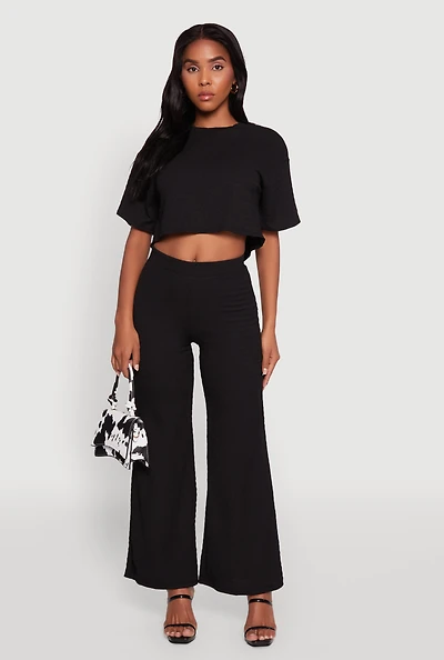 Womens Textured Knit Wide Leg Pants, Black, Size L