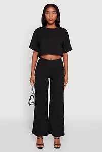 Womens Textured Knit Wide Leg Pants, Black, Size S