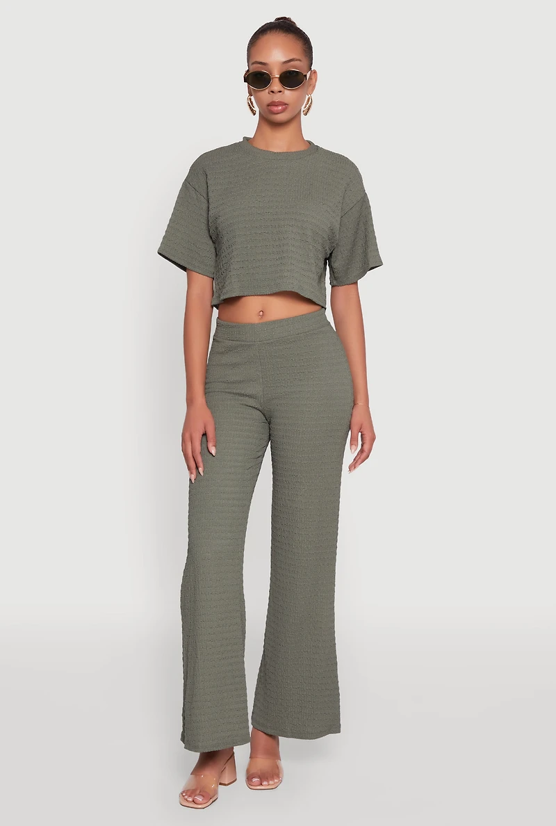 Womens Textured Knit Wide Leg Pants, Green,
