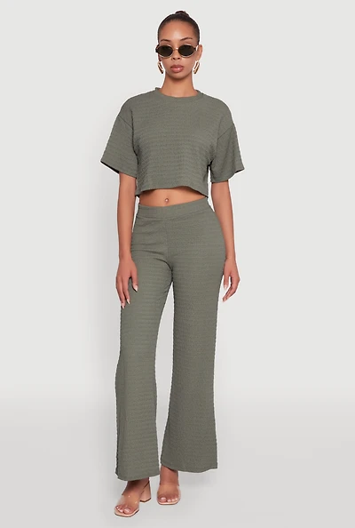 Womens Textured Knit Wide Leg Pants, Green,