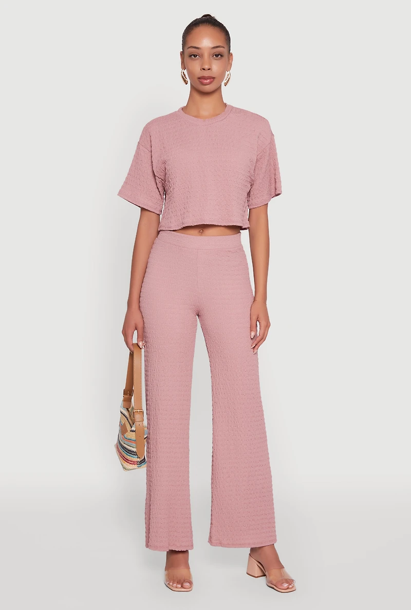 Womens Textured Knit Wide Leg Pants, Pink,
