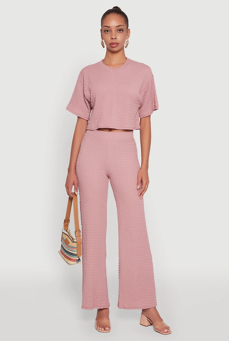 Womens Textured Knit Wide Leg Pants, Pink,