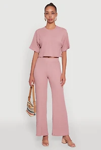 Womens Textured Knit Wide Leg Pants, Pink,