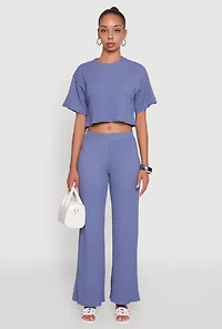 Womens Textured Knit Wide Leg Pants, Blue, Size M