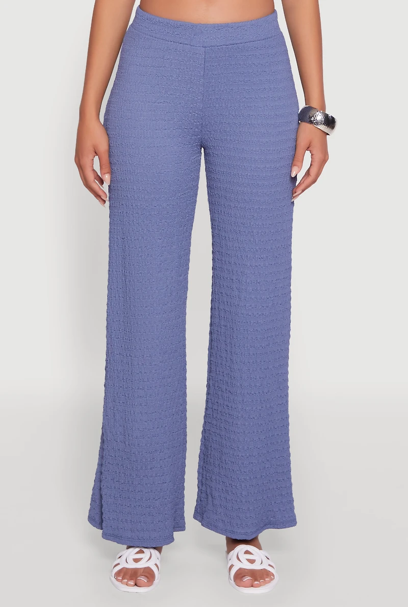 Womens Textured Knit Wide Leg Pants, Blue, Size M