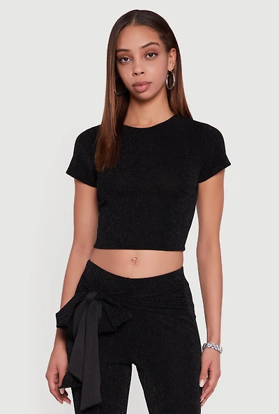 Lurex Short Sleeve Crew Neck Crop Top