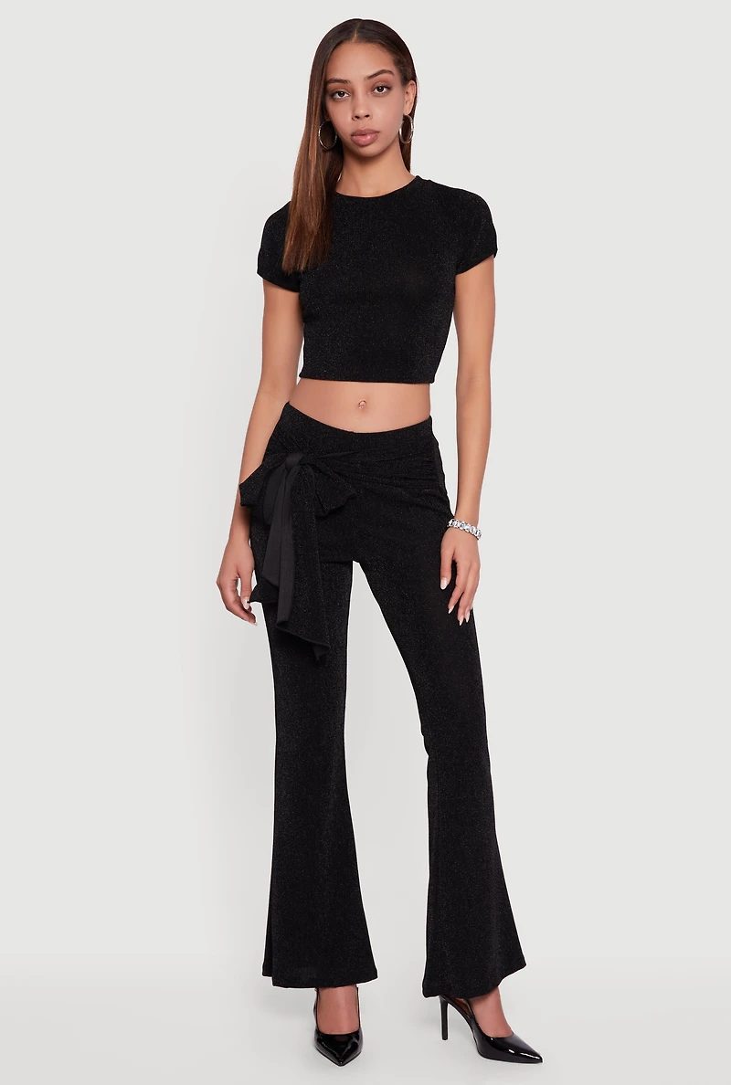 Lurex Tie Front Flare Leg Pants