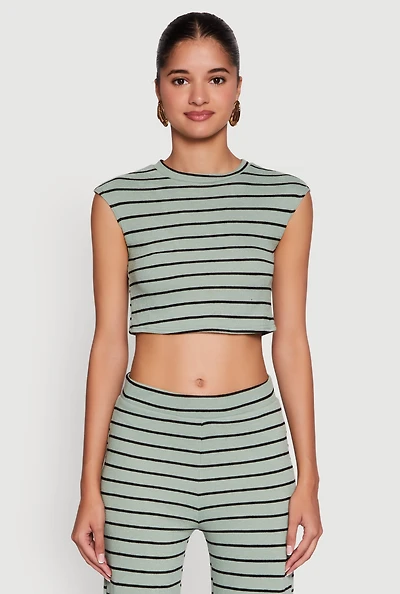 Womens Trendy Striped Brushed Knit Crop Top, Green, Size L