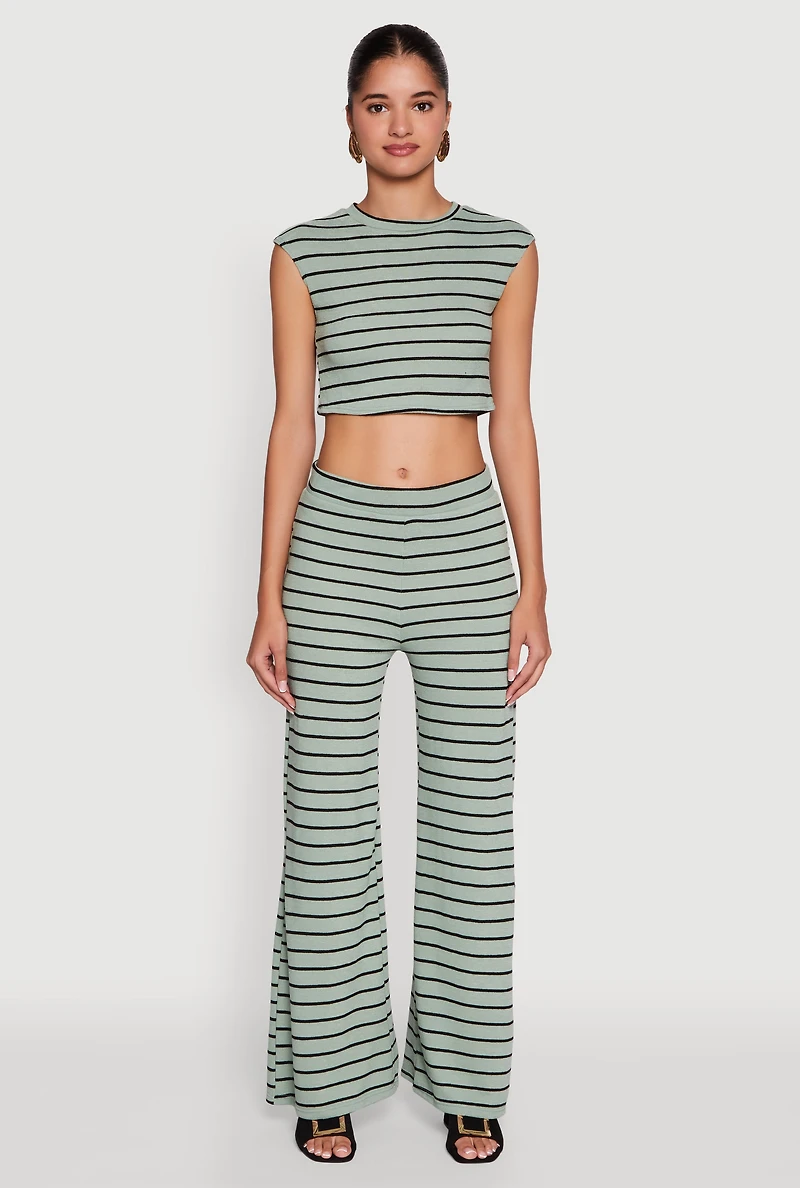 Womens Trendy Striped Brushed Knit Crop Top, Green,