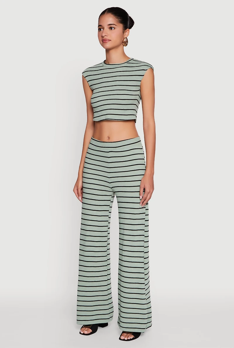 Womens Trendy Striped Brushed Knit Crop Top, Green,