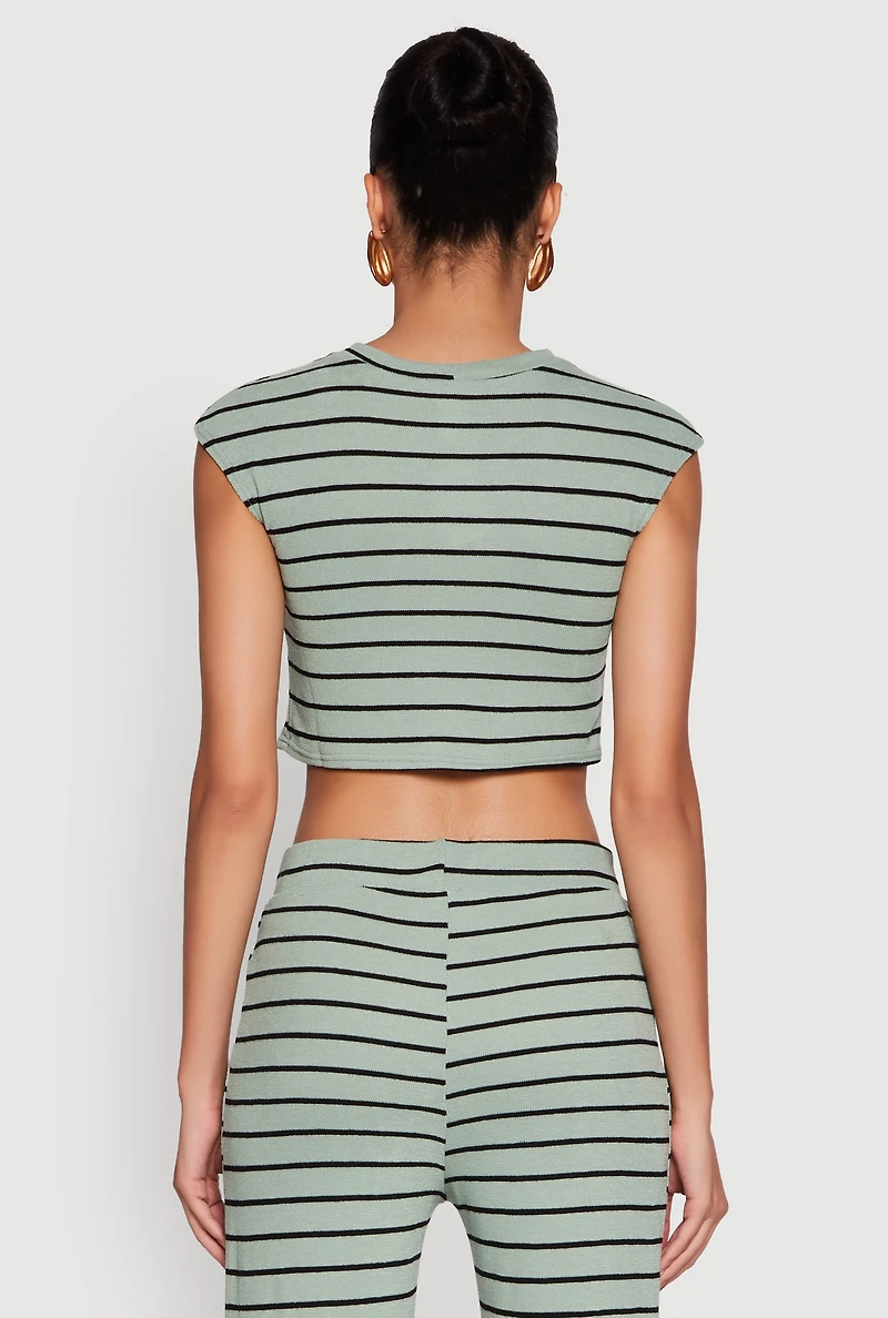 Womens Trendy Striped Brushed Knit Crop Top, Green,