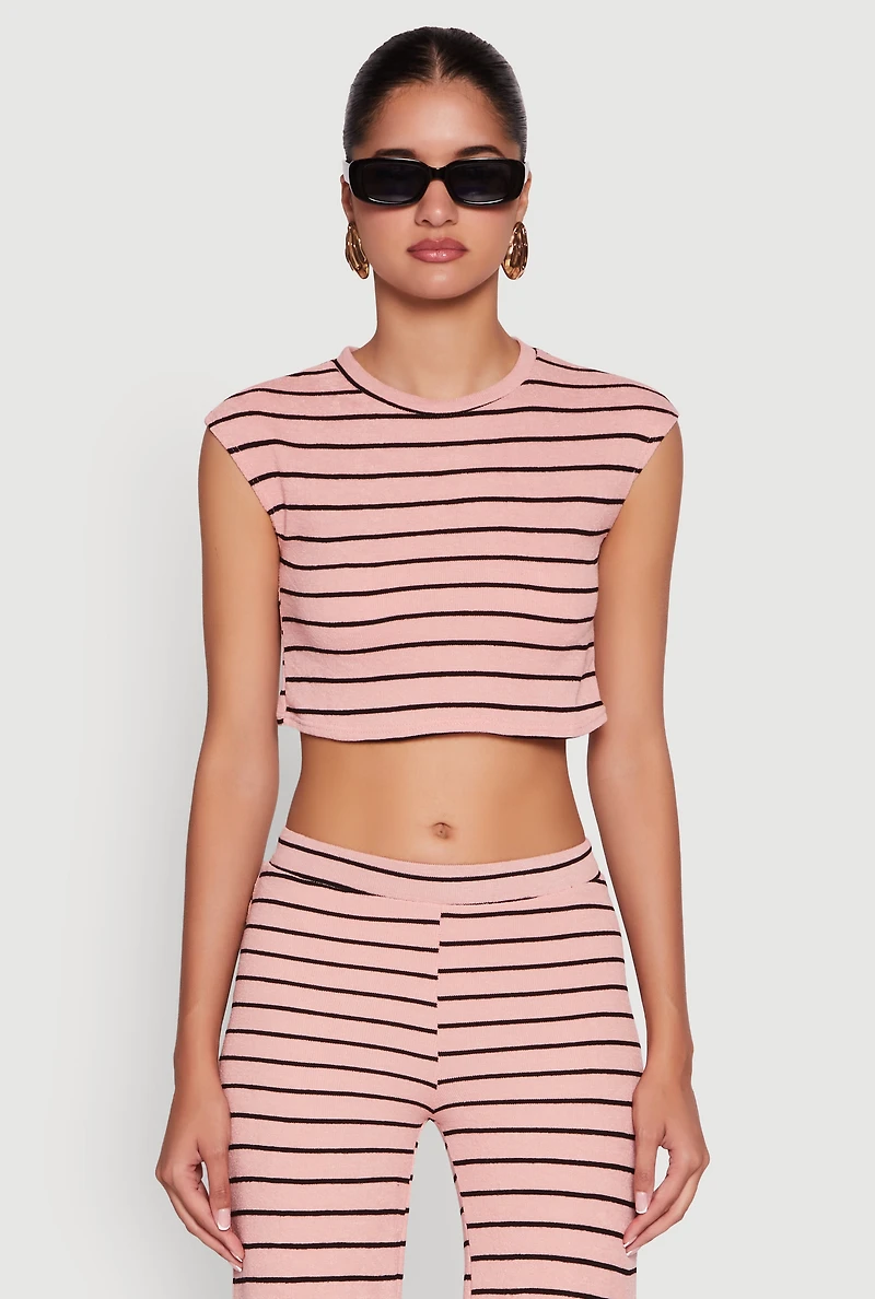 Womens Trendy Striped Brushed Knit Crop Top, Pink, Size L