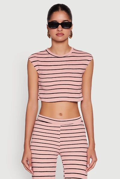 Womens Trendy Striped Brushed Knit Crop Top, Pink, Size L