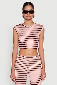 Womens Trendy Striped Brushed Knit Crop Top, Pink, Size L