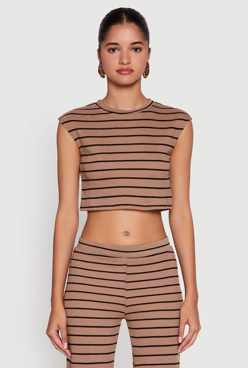 Womens Trendy Striped Brushed Knit Crop Top, Brown,