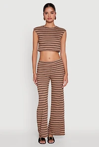Womens Trendy Striped Brushed Knit Crop Top, Brown,