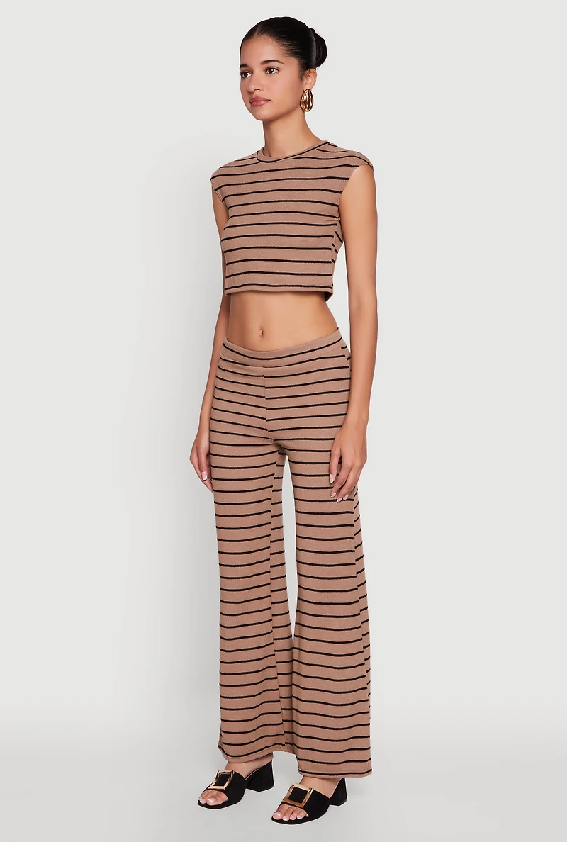 Womens Trendy Striped Brushed Knit Crop Top, Brown,