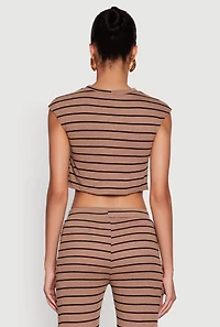 Womens Trendy Striped Brushed Knit Crop Top, Brown,