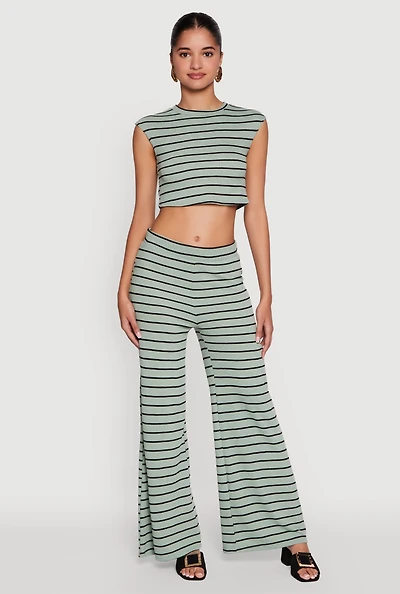 Trendy Striped Brushed Knit Flare Leg Pants
