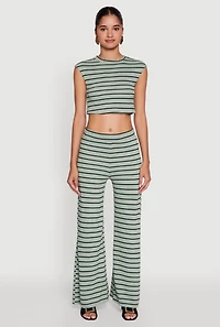 Womens Trendy Striped Brushed Knit Flare Leg Pants, Green, Size L