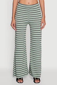 Womens Trendy Striped Brushed Knit Flare Leg Pants, Green, Size L