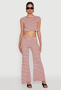 Womens Trendy Striped Brushed Knit Flare Leg Pants, Pink, Size XL