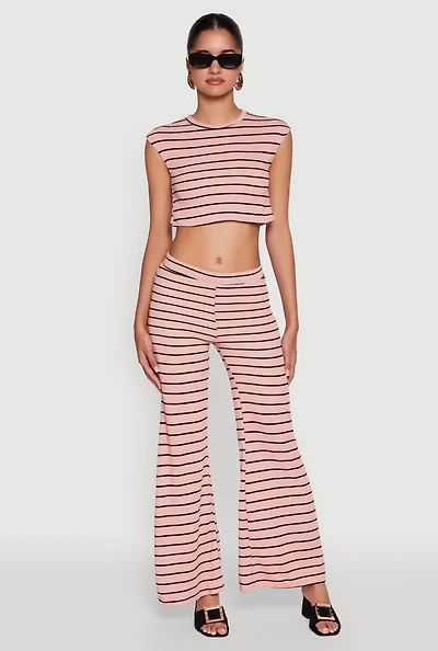 Womens Trendy Striped Brushed Knit Flare Leg Pants, Pink,